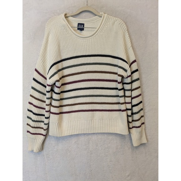 GAP Sweaters - GAP Womens Small Cream Striped 100% Cotton Knit Crewneck‎ Sweater